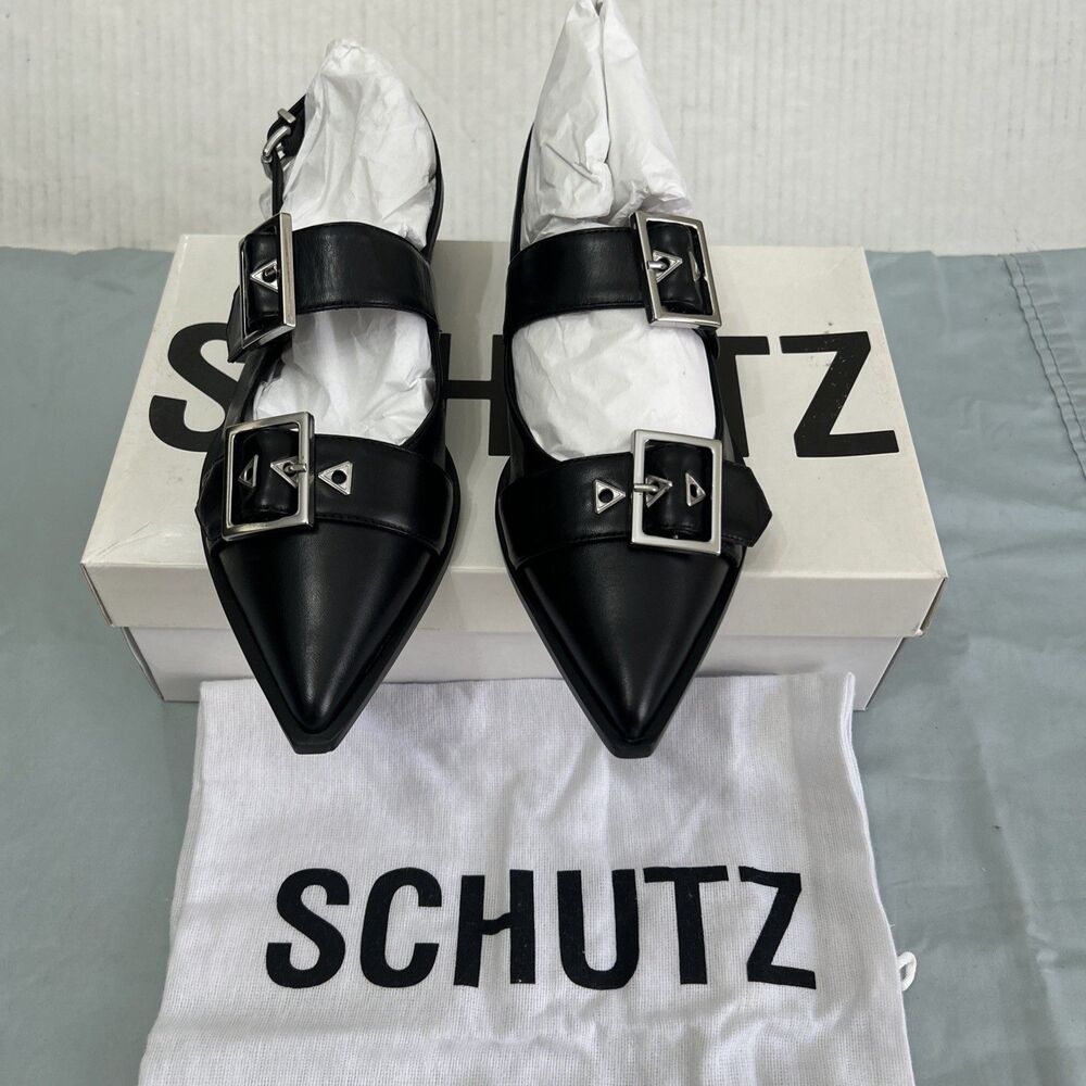 Schutz Darla Slingback Flats Heels Black Leather Pointed Toe US  7 NIB MSRP $158